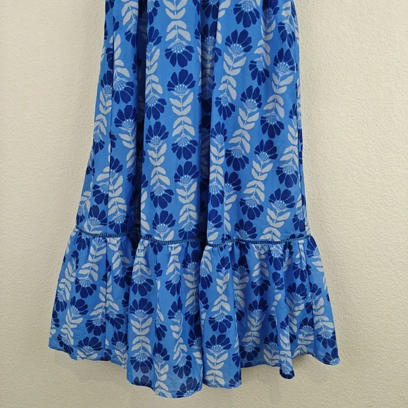 J. Marie Nwot The Luna Ruched Midi Floral Blue Dress Ruffle Sleeves Sz Medium - Picture 5 of 16
